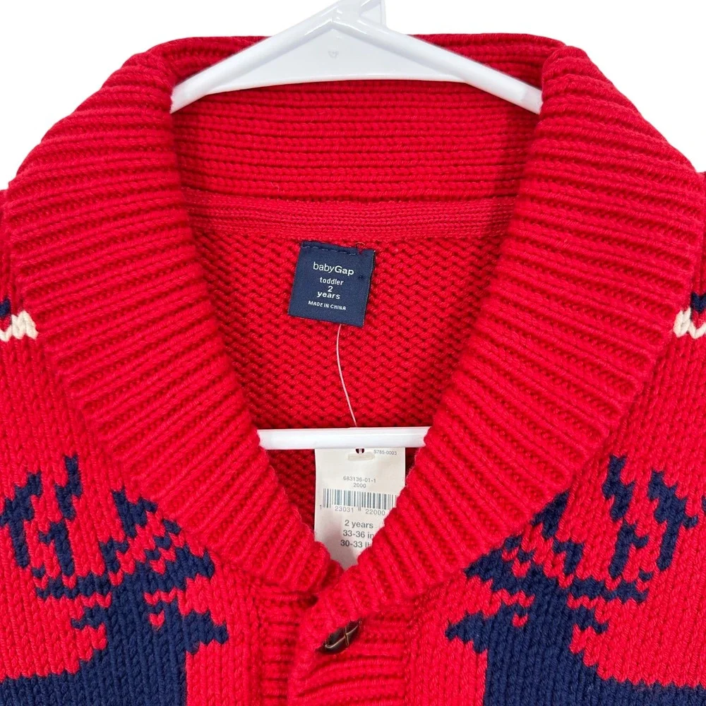 Baby Gap Toddler Boys Red Deer Cardigan Sweater Size 2 Years Holiday Fair Isle - Picture 3 of 9